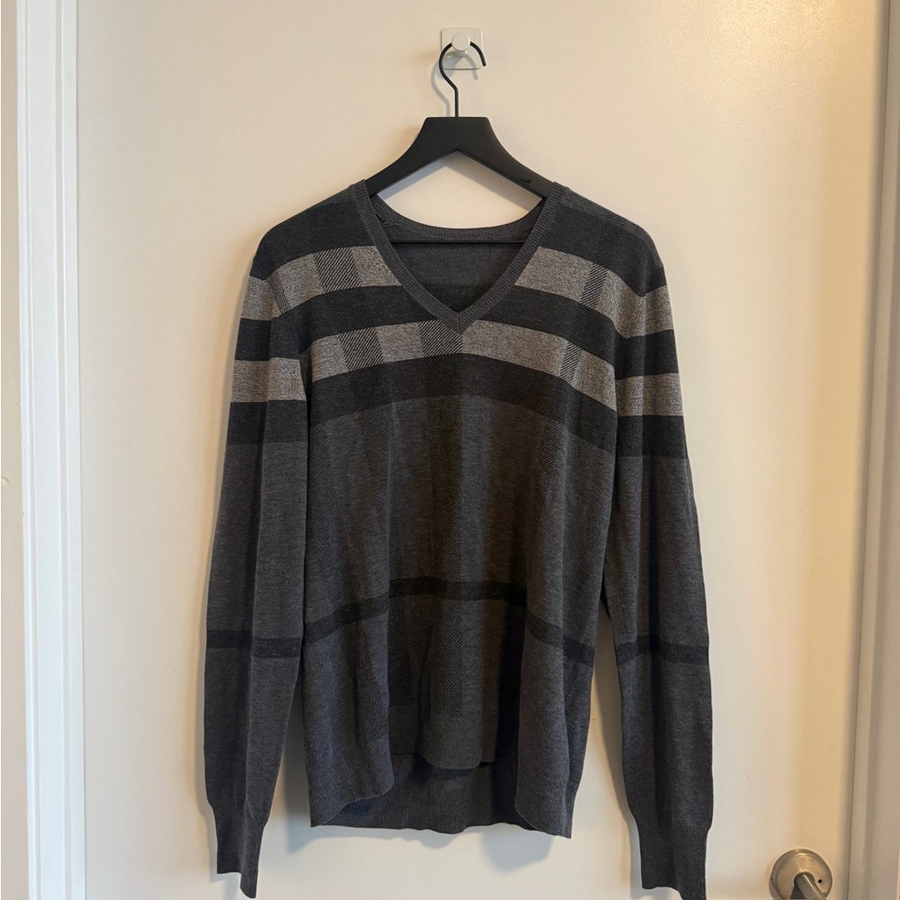 Burberry Men's Charcoal and Light Gray Striped Sweater